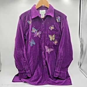 Quacker Factory Jacket Women M Purple Button Down Butterfly Embroidered Vtg